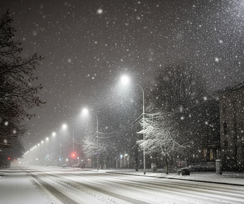 Śnieżna, miejska ulica, oświetlona latarniami, rozciąga się w głąb kadru, tworząc perspektywę drogi. Gęsto padający śnieg, wyraźnie widoczny dzięki oświetleniu, tworzy liczne białe kropki na ciemnym tle nieba i zabudowań. Po lewej stronie wzdłuż drogi rosną drzewa z nagimi konarami, częściowo pokryte śniegiem, natomiast po prawej widoczne są niskie budynki z oknami, a w tle majaczą sylwetki kolejnych budynków oraz latarni. Na pierwszym planie po prawej stronie znajduje się słup z dwoma znakami zakazu zatrzymywania się i postoju, a poniżej rozciągają się pokryte śniegiem pobocza oraz sama droga, na której widać jaśniejsze pasy wyjeżdżone przez pojazdy.