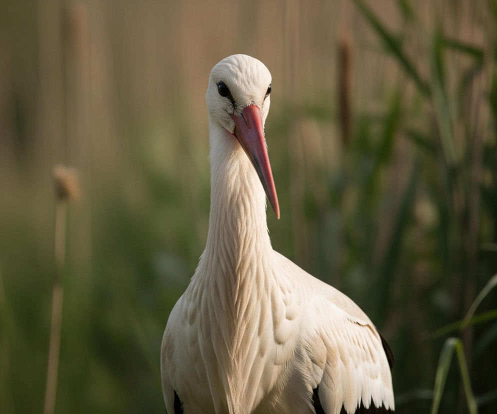 Bocian w jasnych odcieniach bieli i beżu dominuje w centrum kadru, skierowany wprost na obserwatora. Jego długi, czerwono-różowy dziób jest skierowany lekko w dół, a ciemne oko wyraźnie odznacza się na tle jasnej głowy. Pióra na szyi i tułowiu bociana są wyraźnie zarysowane, z widocznymi czarnymi akcentami na skrzydłach, które częściowo wystają zza jego ciała. Tło jest rozmyte, zdominowane przez zielone i brązowe odcienie, sugerujące roślinność, prawdopodobnie trzciny lub wysoką trawę, tworząc naturalne środowisko dla ptaka.