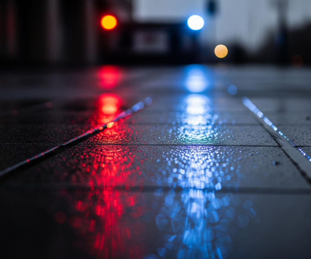 Mokra, ciemna powierzchnia, prawdopodobnie asfalt lub płyty chodnikowe, rozciąga się w głąb obrazu, pokryta drobnymi kroplami wody, które odbijają światło. Dominują silne refleksy czerwonych i niebieskich świateł, tworząc smugi i rozmyte plamy na mokrej nawierzchni. W oddali widoczne są rozmyte źródła światła: jasne czerwone, wyraźne niebieskie i subtelne żółte, wszystkie z efektem bokeh, co sugeruje nocne lub zmierzchowe otoczenie.