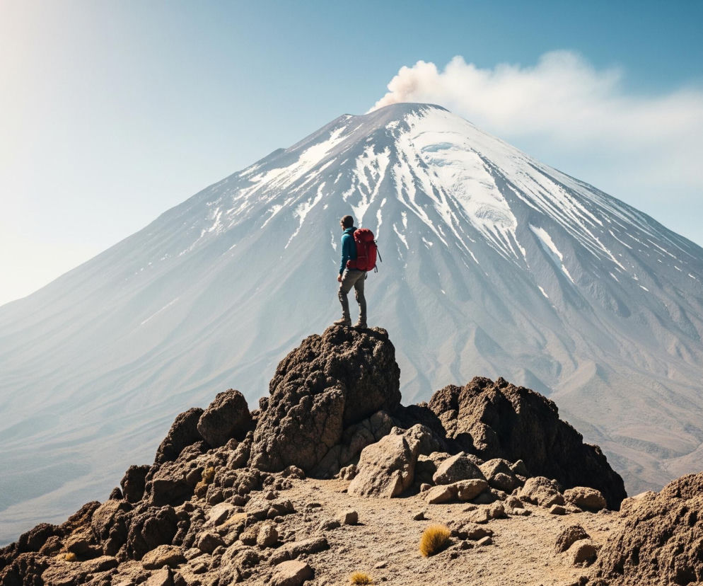Mężczyzna w niebieskiej kurtce i czerwonym plecaku stoi na skalistym wzniesieniu, patrząc na wulkan. Wulkan ma stożkowaty kształt, jego szczyt pokryty jest śniegiem, a z krateru unosi się jasny dym. Na pierwszym planie widać brązowe, nierówne skały i piaskowy teren z kępkami wysuszonej trawy. Tło stanowi błękitne niebo, przechodzące w jaśniejszy odcień przy horyzoncie.