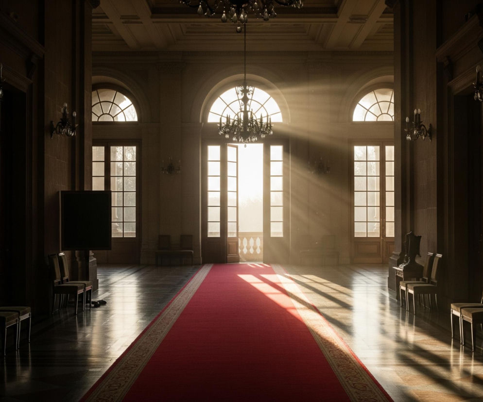 Długi, czerwony dywan z ozdobnym, beżowym brzegiem rozciąga się przez środek symetrycznej, przestronnej sali, prowadząc w stronę trzech dużych, łukowatych okien, przez które wpada jasne, słoneczne światło. Promienie słońca tworzą wyraźne smugi w powietrzu i rzucają ukośne cienie na ciemną, polerowaną podłogę po obu stronach dywanu. W oddali, na środku centralnego okna, wisi okazały kryształowy żyrandol, a po bokach, na ścianach, rozmieszczone są mniejsze, ozdobne kinkiety. Wzdłuż bocznych ścian stoją rzędy krzeseł z ciemną tapicerką, zanurzone w głębokim cieniu.