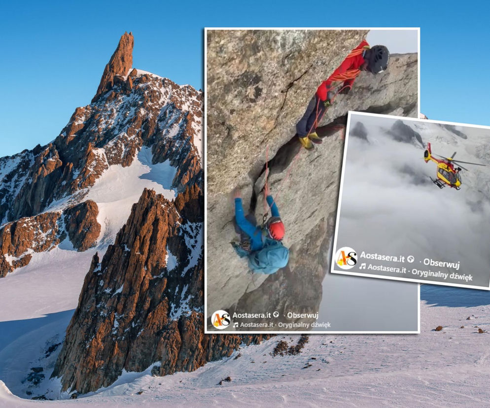 Skalisty szczyt Ząb Olbrzyma. Na miniaturze obok wspinacze na ścianie i śmigłowiec ratunkowy. O akcji czytaj na SE.