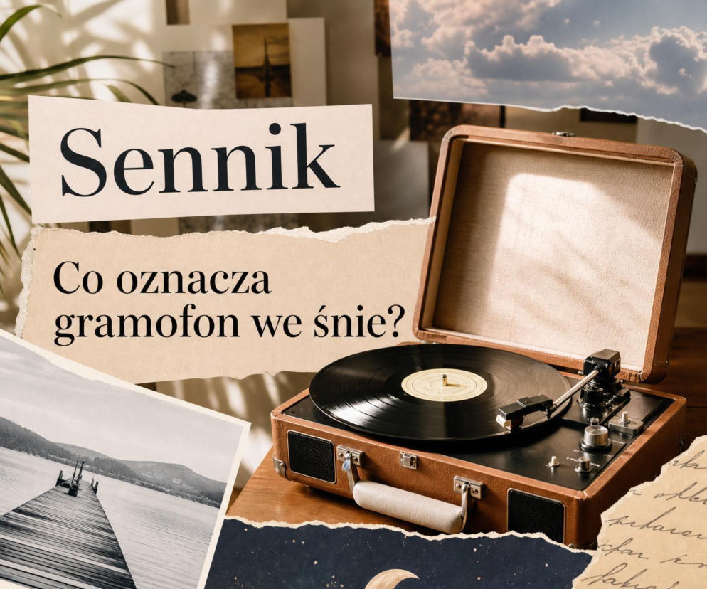 Gramofon w walizce z czarną płytą. Obok napisy i miniatury zdjęć. O znaczeniu snu przeczytasz na SE.