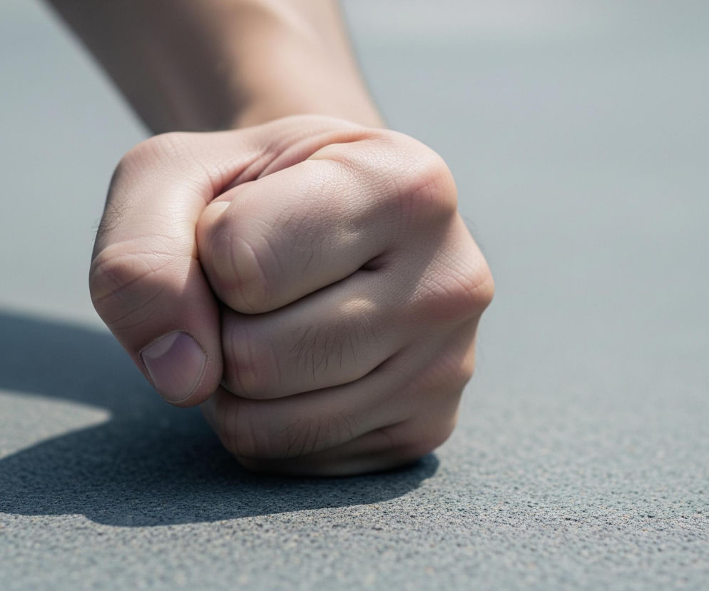 Zaciśnięta pięść o jasnej karnacji, należąca do osoby dorosłej, znajduje się w centrum kadru, skierowana lekko w prawo. Dłoń spoczywa na szarym, ziarnistym podłożu, z widocznymi cieniami rzucanymi zarówno przez pięść, jak i dłoń z tyłu, sugerującymi intensywne, górne oświetlenie. Tło za pięścią jest rozmyte i jaśniejsze, również w odcieniach szarości.