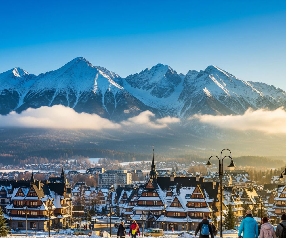Dominantą obrazu są majestatyczne, ośnieżone góry rozciągające się horyzontalnie przez całą szerokość kadru w górnej części, pod błękitnym niebem. Ich szczyty pokryte są białym puchem, a niższe partie zanurzają się w pasie jasnych chmur, które rozciągają się pomiędzy górskimi grzbietami a zabudową miejską poniżej. Poniżej chmur widoczna jest rozległa miejska zabudowa, składająca się z licznych, tradycyjnych budynków o spiczastych, dwuspadowych dachach pokrytych śniegiem, z wyraźnymi elementami drewnianymi i kamiennymi, które schodzą w dół kadru. W dolnej części obrazu, na pierwszym planie, widać fragment zaśnieżonej ulicy lub placu, na którym poruszają się pojedyncze postaci w zimowych ubraniach, a także stoją latarnie uliczne z trzema ramionami.