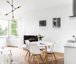 Salon z kuchnią w stylu skandynawskim