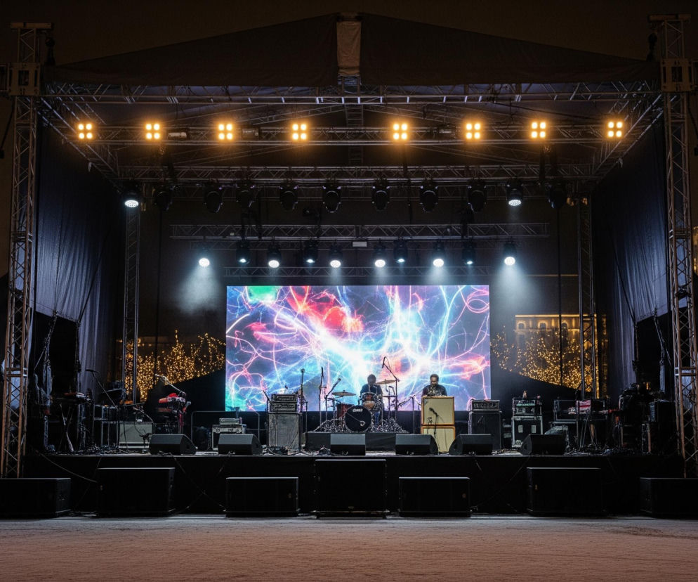 Duża scena koncertowa, oświetlona jaskrawymi reflektorami, dominuje nad ciemnym otoczeniem. Na scenie znajdują się instrumenty muzyczne, takie jak perkusja i wzmacniacze, a w centrum widoczni są dwaj muzycy, z których jeden gra na perkusji, a drugi stoi przy mikrofonie. Tło sceny stanowi duży ekran LED wyświetlający dynamiczne, kolorowe wzory w odcieniach czerwieni, błękitu i fioletu, podobne wzory widać na mniejszych ekranach po bokach. Konstrukcja sceny wykonana jest z metalowych kratownic, na których zamontowano liczne reflektory i głośniki, a w tle widać delikatnie oświetlone kontury budynków oraz drzewa udekorowane lampkami.