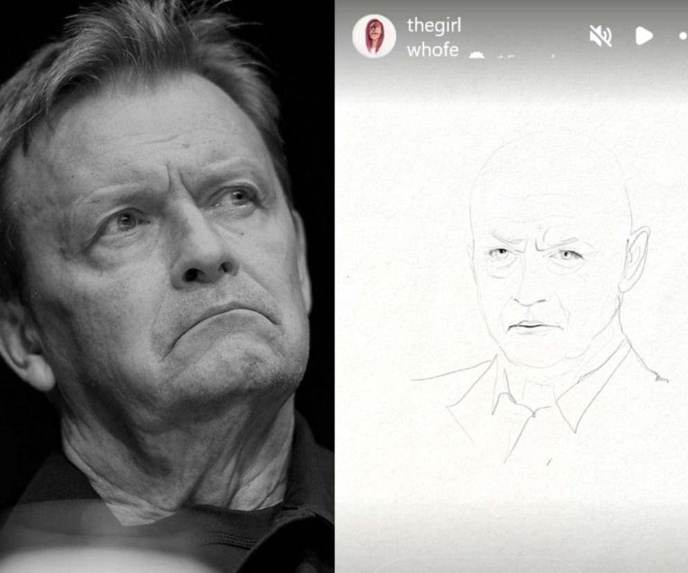 Aktor Jan Frycz. Obok grafika Matyldy Damięckiej z jego podobizną. O pożegnaniu artysty przeczytasz na Eska.