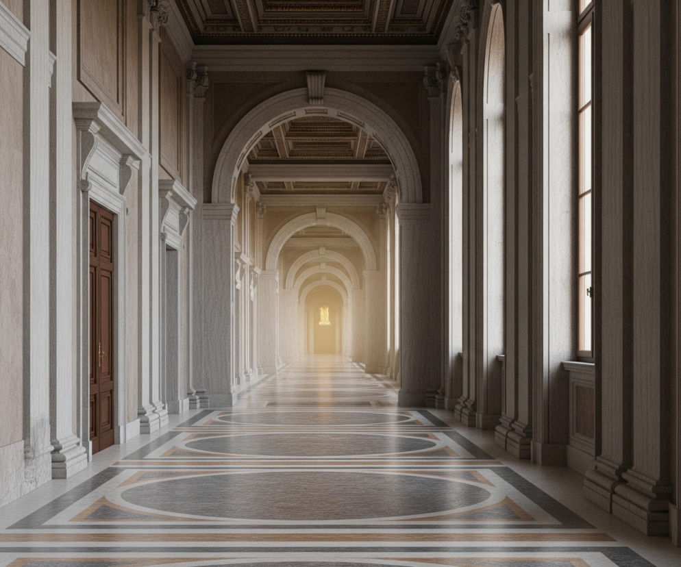 Długi, symetryczny korytarz rozciąga się w głąb obrazu, znikając w jasnym, złotym świetle na końcu. Ściany po obu stronach korytarza wyłożone są rzędami wysokich, ozdobnych kolumn i pilastrów w odcieniach beżu i szarości. Sufit korytarza jest kasetonowy, z ciemnymi, rzeźbionymi elementami i złotymi akcentami. Podłoga wykonana jest z marmuru o złożonym geometrycznym wzorze, wykorzystującym odcienie szarości, czerni, bieli i beżu, z dużymi, owalnymi kształtami w centralnej części. Po lewej stronie widać zamknięte, ciemnobrązowe drzwi z ozdobną klamką, a po prawej stronie znajduje się rząd wysokich okien z brązowymi ramami, przez które wpada dzienne światło.