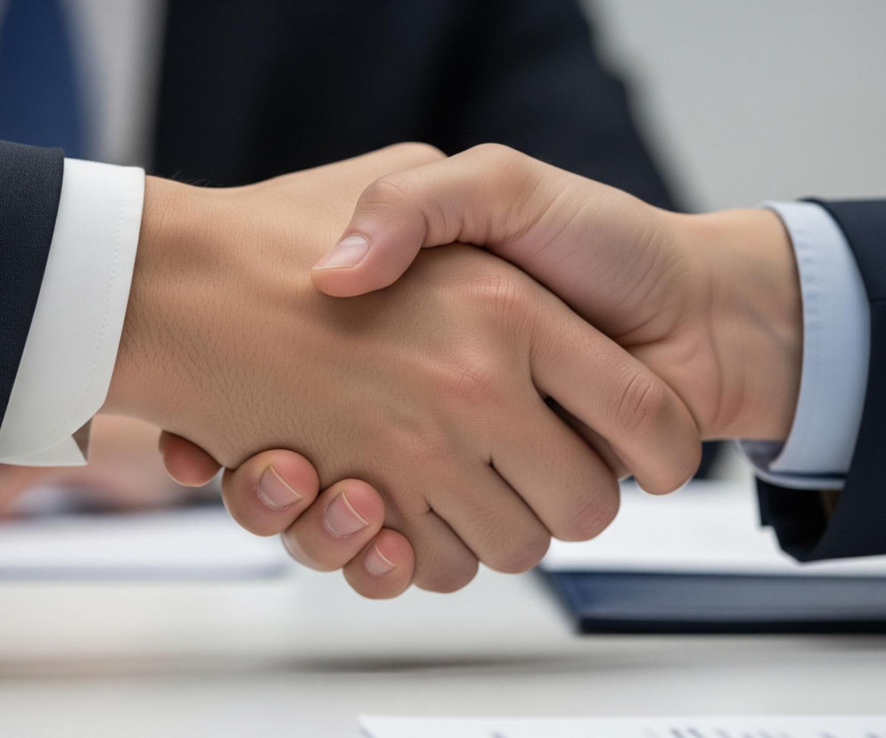 Dwie dłonie, ubrane w eleganckie stroje, ściskają się w geście uścisku. Lewa ręka ma na sobie ciemny garnitur i białą koszulę z wystającym mankietem, widoczne są również trzy czarne guziki. Prawa ręka ubrana jest w podobny ciemny garnitur i jasnoniebieską koszulę. W tle widać niewyraźne sylwetki dwóch osób, jedna z nich ma na sobie niebieski krawat, oraz fragmenty dokumentów i segregatora na białym stole.