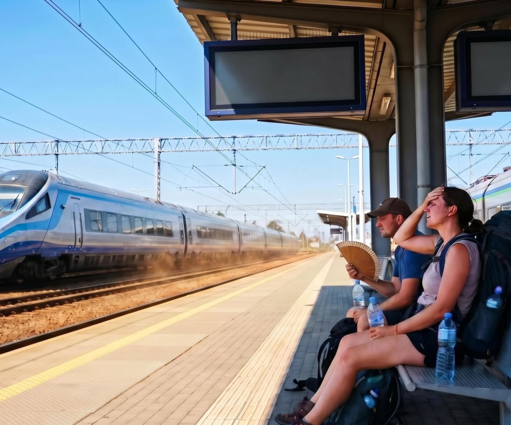 Kobieta i mężczyzna z bagażami siedzą na ławce peronu, kobieta zmaga się z upałem. Obok przejeżdża pociąg PKP Intercity, unosząc kurz. Obraz idealnie oddaje trudności w podróżowaniu koleją podczas upałów, o których przeczytasz więcej na naszym portalu.