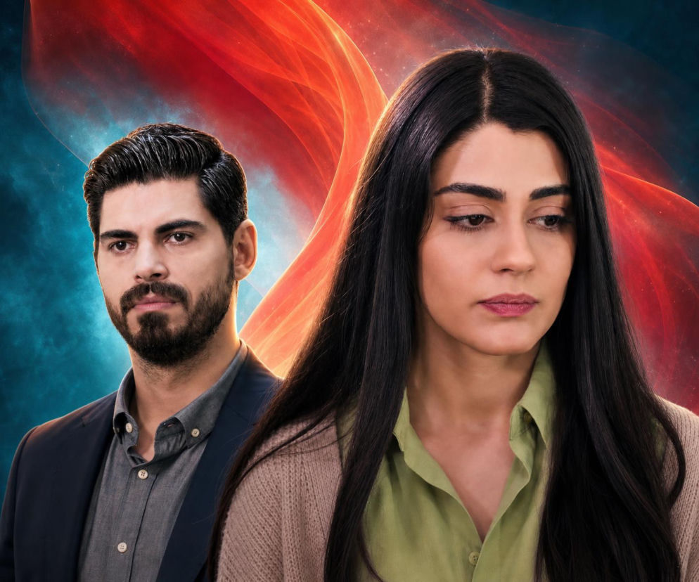 Cihan i Hancer z serialu Panna młoda na tle czerwonych smug. O losach bohaterów w Eska przeczytasz więcej.