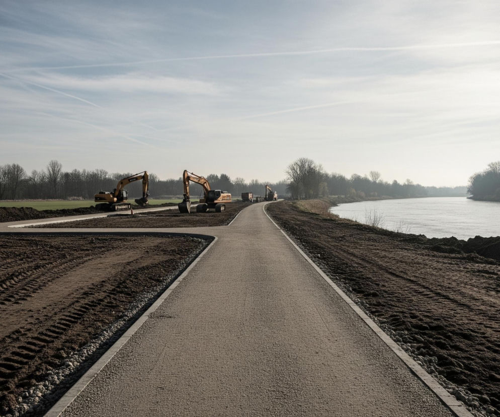 Żwirowa ścieżka biegnie przez centrum zdjęcia, otoczona ziemią z lewej i prawej strony. Po lewej stronie, za fragmentem ziemi z widocznymi śladami opon i hałdą żwiru, znajdują się trzy żółte koparki, ustawione wzdłuż nowo powstającej drogi. Dalej rozciąga się zielone pole, graniczące z rzędem bezlistnych drzew. Po prawej stronie ścieżki leży wał ziemi, a za nim płynie rzeka, której spokojna powierzchnia odbija światło nieba. Horyzont dominuje jasne, błękitne niebo z smugami chmur i kilkoma cienkimi, białymi śladami kondensacji.