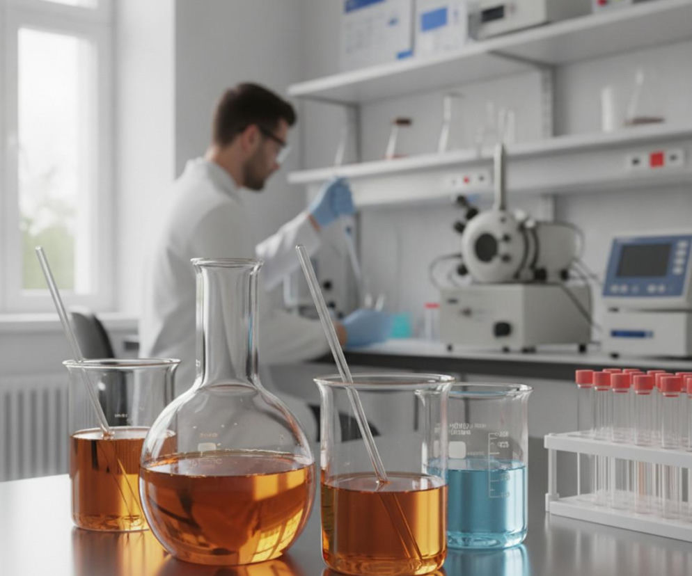 Sprzęt laboratoryjny z kolbami i probówkami wypełnionymi cieczami o różnym kolorze. W tle, niewyraźnie, naukowiec w kitlu i okularach wykonuje badania. Artykuł na Poradniku Zdrowie wyjaśnia rolę wolnych rodników i procesów starzenia w kontekście medycyny.