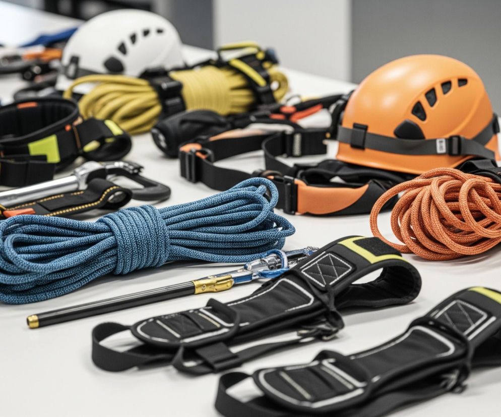 Na jasnym, jednokolorowym stole rozłożony jest różnorodny sprzęt wspinaczkowy. Na pierwszym planie po lewej stronie znajduje się zwinięta niebieska lina, a obok niej leżą czarne, wyściełane uprzęże z żółtymi i białymi akcentami. W tle widoczne są pomarańczowy i biały kask, a także zwinięte liny w kolorach pomarańczowym i żółtym, oraz różne karabinki i inne metalowe elementy.