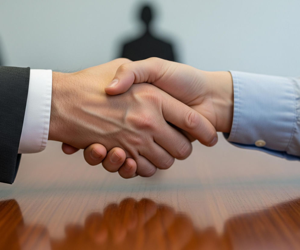 Dwie ręce ściskają się nawzajem, tworząc uścisk dłoni, centralny element kompozycji. Lewa ręka należy do osoby ubranej w ciemną marynarkę i białą koszulę, z czterema ciemnymi guzikami widocznymi na mankiecie marynarki. Prawa ręka należy do osoby w błękitnej koszuli w delikatne, pionowe paski. Dłonie są jasnego, cielistego koloru, a widoczne są na nich delikatne żyły. Akcja rozgrywa się nad błyszczącym, drewnianym stołem o ciepłym, brązowym odcieniu, który odbija rozmazane kształty dłoni. W tle, rozmyte, widoczne są fragmenty krzeseł i sylwetka osoby, sprawiające wrażenie sali konferencyjnej.