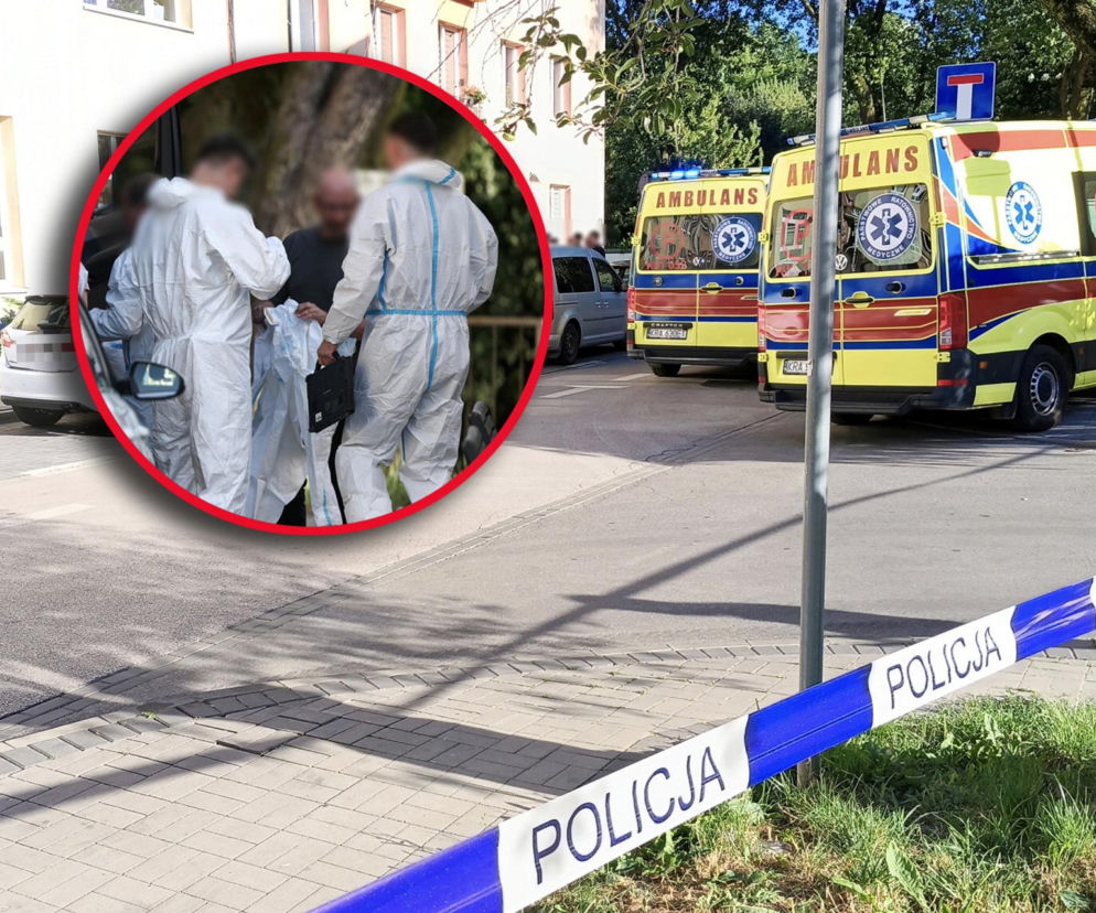 Ambulanse i policyjna taśma przed blokiem. Na miniaturze technicy w kombinezonach. O tragedii pisze Eska Kraków.