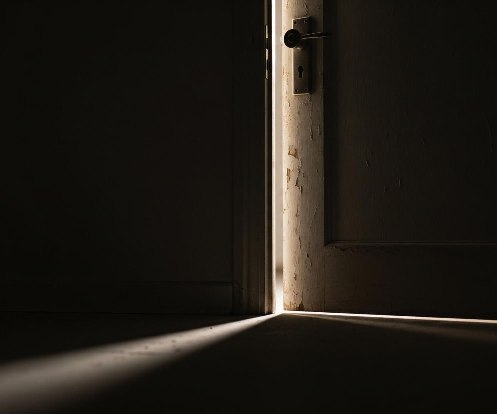 Uchylone drewniane drzwi z widoczną mosiężną klamką i okrągłym otworem na klucz dzielą kadr na dwie części. Lewa strona obrazu to ciemna przestrzeń, podczas gdy prawa ukazuje fragment jasnego, szerokiego otworu, przez który wpada światło. Światło to rzuca długi, jasny cień na podłogę po lewej stronie, rozjaśniając również krawędź drzwi, z której schodzi farba.