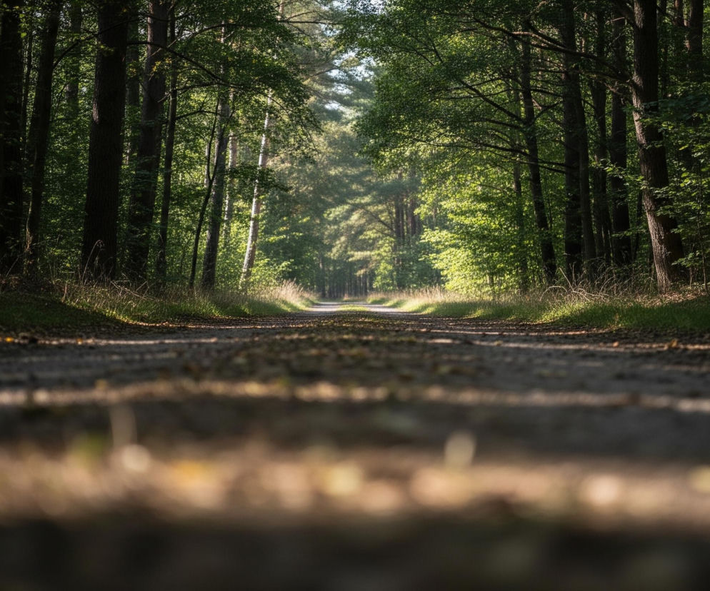 Na zdjęciu widoczna jest leśna droga gruntowa, rozciągająca się w głąb obrazu i otoczona po obu stronach gęstym lasem. Przedni plan drogi jest niewyraźny, z widocznymi rozmyciami i cieniami, co sugeruje niski kąt fotografowania. W oddali droga staje się jaśniejsza i bardziej oświetlona promieniami słońca, które przebijają się przez korony drzew, tworząc na ziemi mozaikę światła i cienia. Drzewa po bokach drogi są wysokie, o ciemnych pniach i różnorodnych odcieniach zieleni liści, przy czym te po lewej stronie są bardziej zacienione, a po prawej intensywniej oświetlone.