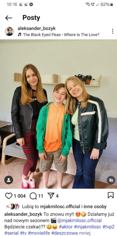 M jak miłość nowy sezon po wakacjach 2025. Misiek (Aleksander Bożyk), Lenka (Olga Cybińska), Sara (Nadia Smyczek) na planie