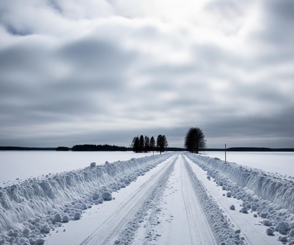 Droga pokryta śniegiem rozciąga się w głąb obrazu, otoczona wysokimi zaspami po obu stronach. Ślady opon biegną równolegle przez zaśnieżony trakt, a za zaspami rozpościera się rozległa, płaska powierzchnia pokryta bielą śniegu, prawdopodobnie zamarznięte jezioro. W oddali, na horyzoncie, widać ciemną linię lasu, a nad całością unosi się szare, zachmurzone niebo z widocznymi rozmyciami sugerującymi ruch chmur. Po lewej stronie drogi w oddali grupa ciemnych drzew iglastych, a po prawej, bliżej, grupa drzew liściastych o nagich gałęziach.