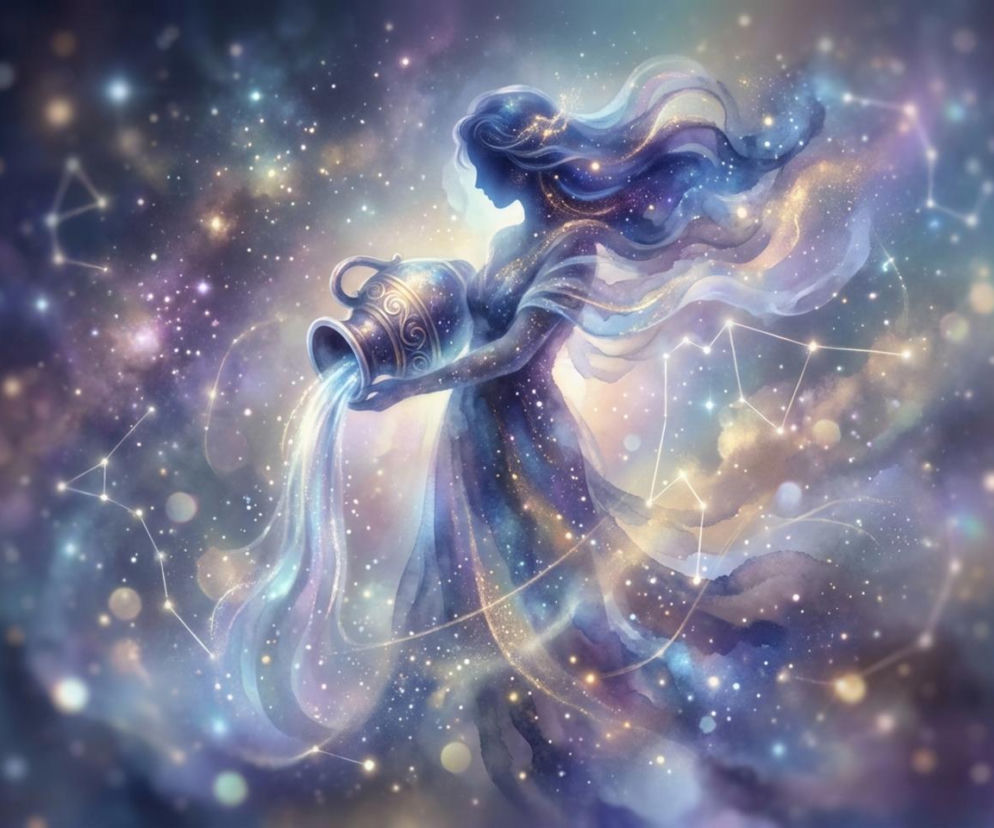 Kobieta o falujących, długich włosach symbolizująca znak zodiaku Wodnika, z dzbanem, z którego wylewa się woda, otoczona rozgwieżdżonym niebem i konstelacjami. Ta artystyczna grafika ilustruje horoskop dzienny Wodnika, dostępny na naszym portalu.
