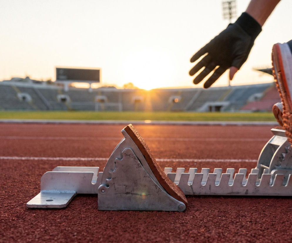 Blok startowy na bieżni stadionu i noga biegacza. O szansach Monachium na igrzyska olimpijskie przeczytasz w serwisie Eska.