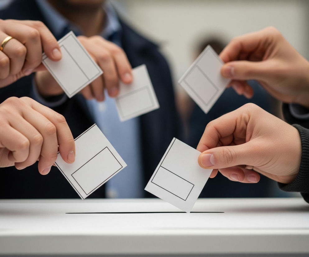 Cztery dłonie, należące do trzech różnych osób, umieszczają białe, prostokątne kartki w wąskiej szczelinie na szczycie białej urny. Kartki mają czarne, prostokątne ramki wewnątrz. Dwie dłonie w prawym dolnym rogu oraz w lewym górnym rogu są w trakcie wrzucania kartek do urny, podczas gdy dwie dłonie z lewego dolnego i prawego górnego rogu już niemal całkowicie wrzuciły swoje kartki. Jedna z dłoni na górze nosi złotą obrączkę. Trzy osoby w tle mają na sobie ciemne marynarki i jasnoniebieskie koszule, a jedna osoba po prawej ma na sobie czarną kurtkę.