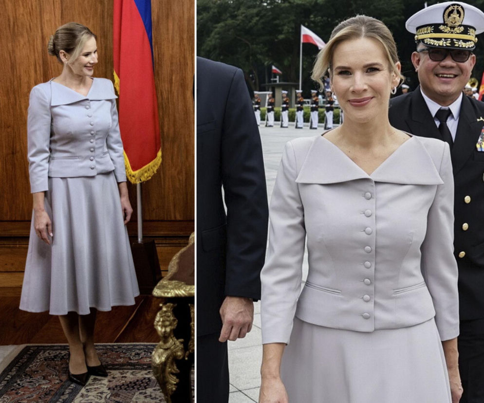 Marta Nawrocka w jasnoszarym kostiumie. Obok na wstawce Pierwsza Dama w Manili. O wizycie na Filipinach przeczytasz na SE.