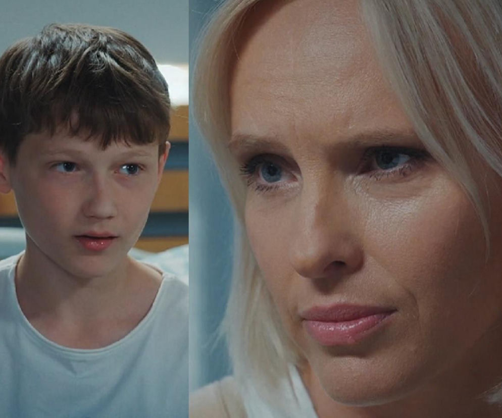 Kolaż dwóch zdjęć przedstawia Franka (po lewej), nastoletniego chłopca o brązowych włosach, z poważnym wyrazem twarzy, patrzącego w bok, oraz Dorotę (po prawej), kobietę z blond włosami, patrzącą wprost. Artykuł na Super Seriale opisuje, jak Dorota okłamuje Franka w serialu M jak miłość.