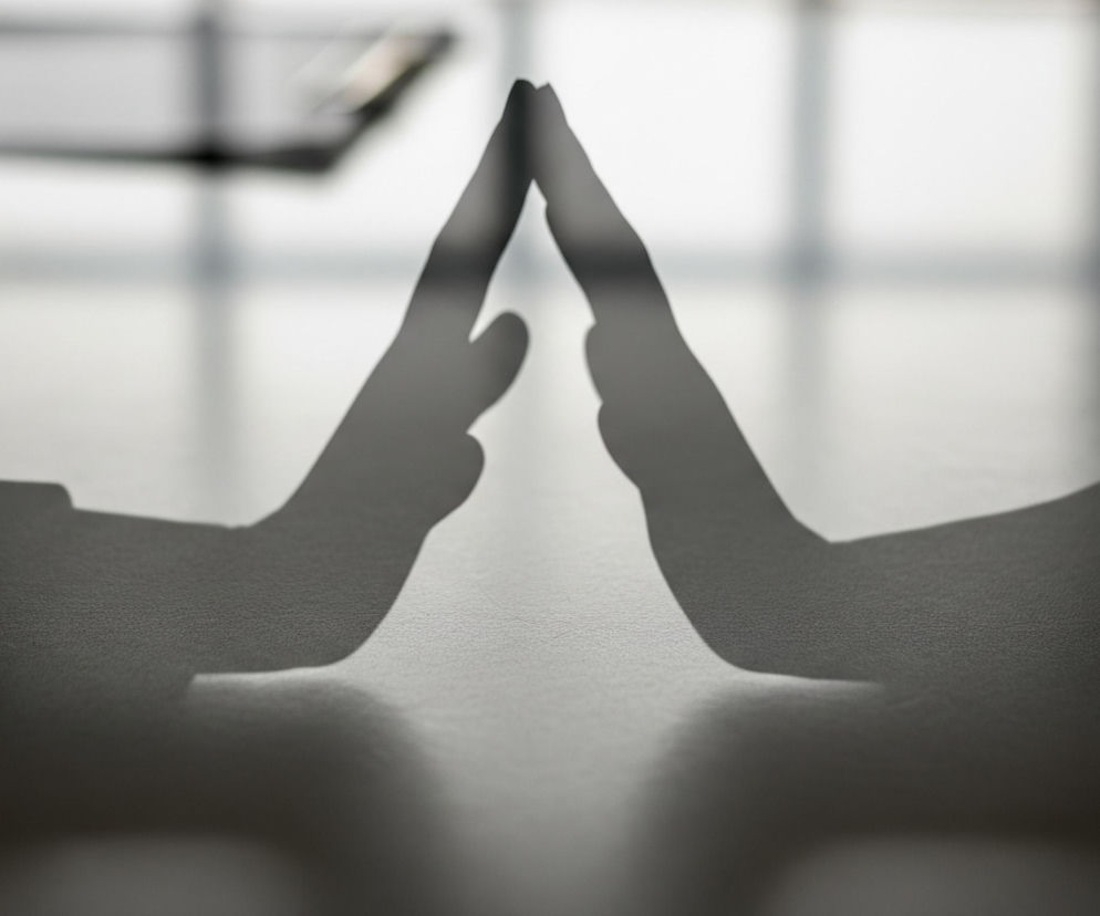 Centralnie widoczny jest ciemny cień dwóch złączonych dłoni o kształcie piramidy, rzucany na jasną, jednolitą powierzchnię biurka. Dłonie stykają się opuszkami palców, tworząc spiczasty wierzchołek. Tło stanowi rozmyte, jasne pomieszczenie z wyraźnie zaznaczonymi prostokątnymi oknami, przez które wpada światło. W lewym górnym rogu tła zamazany jest cień innego obiektu, prawdopodobnie elektronicznego urządzenia.