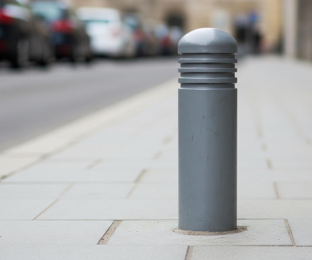 Centralnym elementem obrazu jest szary słupek uliczny, umieszczony na chodniku z jasnych, prostokątnych płyt. Chodnik rozciąga się w głąb obrazu po prawej stronie słupka, a po lewej stronie znajduje się asfaltowa ulica, na której w tle widać szereg zaparkowanych samochodów, głównie czarnych i rozmytych. Górna część słupka ma zaokrąglony kształt i trzy poziome, wypukłe paski, natomiast jego dolna część jest gładka i cylindryczna. Całość utrzymana jest w stonowanych odcieniach szarości i bieli, z delikatnymi, rozmazanymi kolorami samochodów w tle.