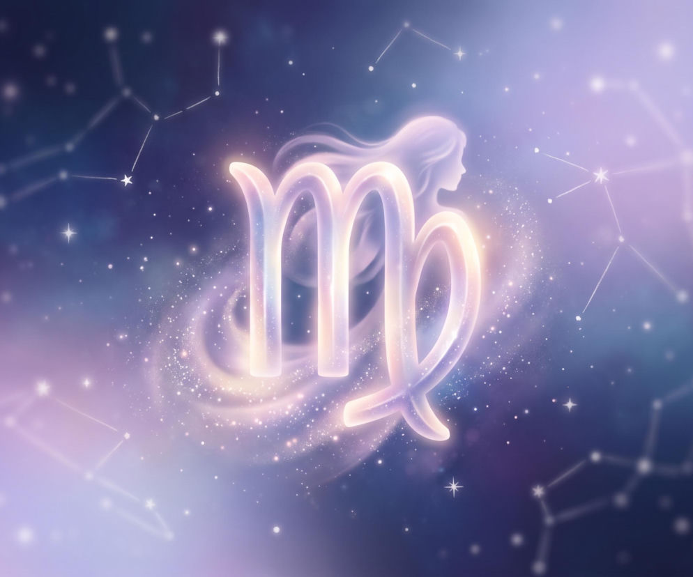 Świecący symbol znaku zodiaku Panna na tle kosmosu. O horoskopie dla Panny przeczytasz na Eska.