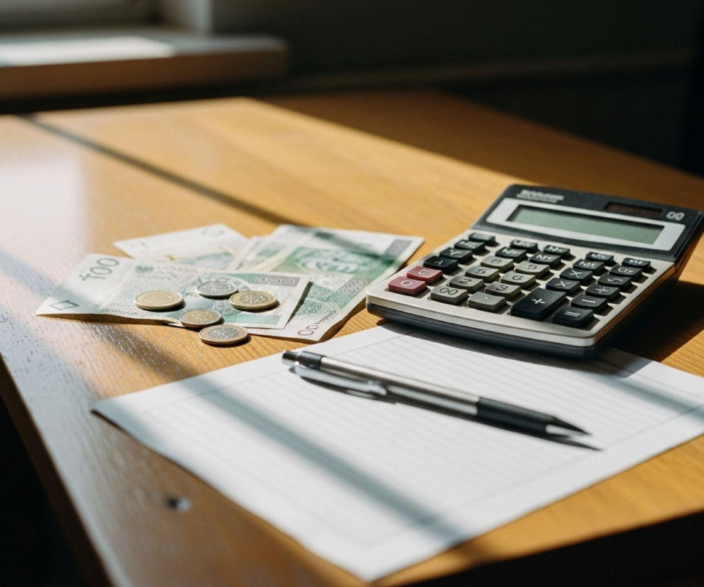 Banknoty i monety leżące obok kalkulatora i długopisu na biurku, symbolizujące obliczanie zwrotu akcyzy za paliwo rolnicze oraz finanse związane z prowadzeniem gospodarstwa. Więcej informacji o tym, jak odzyskać pieniądze, znajdziesz na Super Biznes.