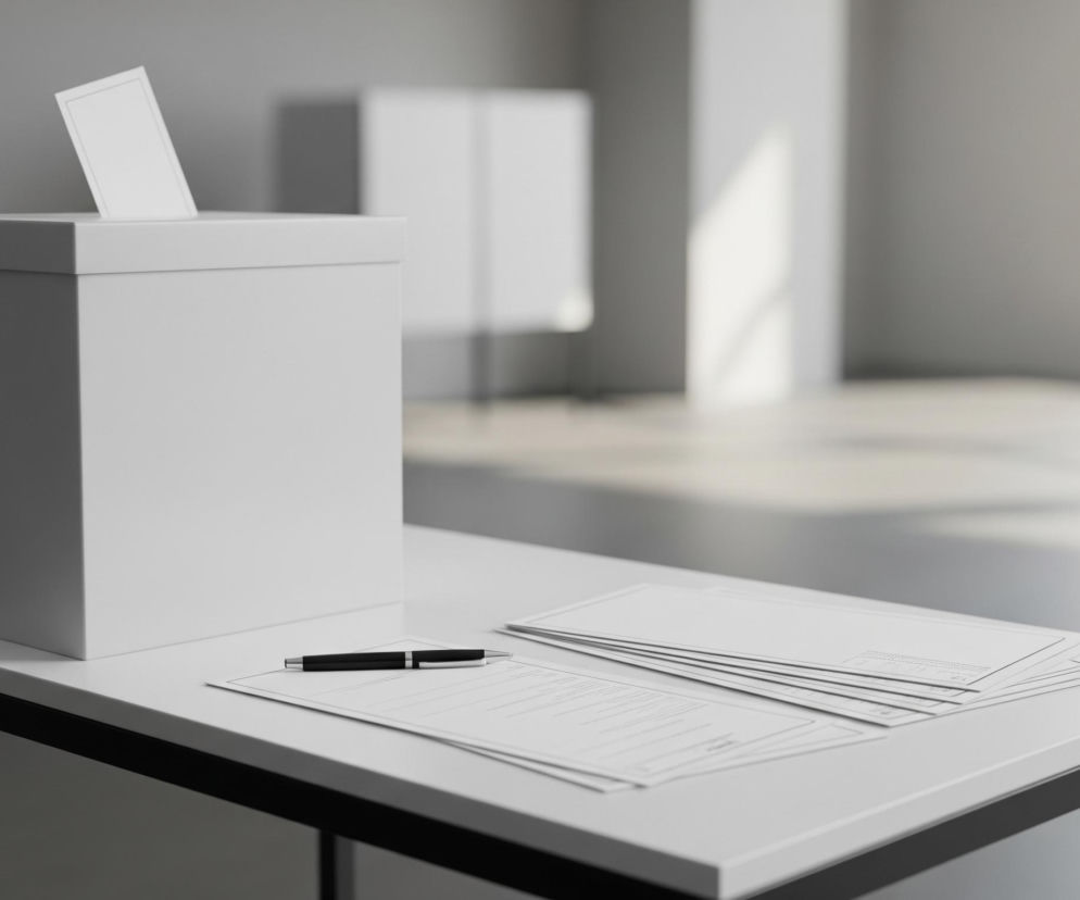 Na pierwszym planie, po lewej stronie, stoi pionowy, prostokątny, biały pojemnik z wąskim otworem na górze, z którego wystaje biała kartka papieru. Obok pojemnika, na białym blacie stołu z czarnymi, metalowymi nogami, leżą stosy białych dokumentów i czarny długopis z srebrnymi elementami. Tło stanowi rozmyte pomieszczenie w odcieniach szarości, z dużym oknem po prawej stronie, przez które wpada jasne światło, tworząc cienie na podłodze i ścianach.