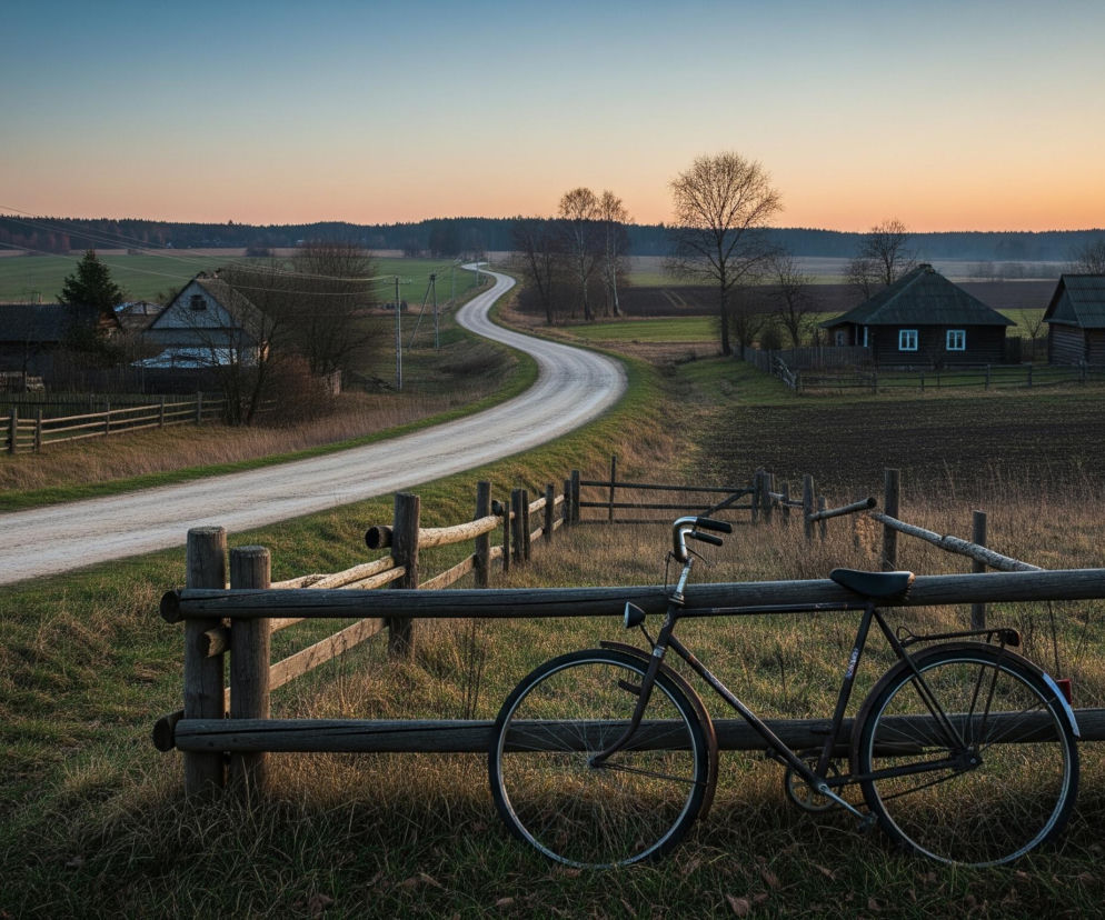 Czarny rower o klasycznej ramie oparty jest o drewniane, rustykalne ogrodzenie w pierwszym planie, po prawej stronie. Za ogrodzeniem, ciągnącym się wzdłuż kadru, rozpościera się zielona trawa i piaszczysta, kręta droga, która znika w oddali, za horyzontem. Po lewej stronie drogi widać skupisko wiejskich domów z ciemnymi dachami i drewnianymi ścianami, a za nimi rozciągają się pola i las iglasty. Niebo, zajmujące górną część obrazu, przechodzi od jasnego błękitu na górze do delikatnego pomarańczowego różu tuż nad horyzontem.