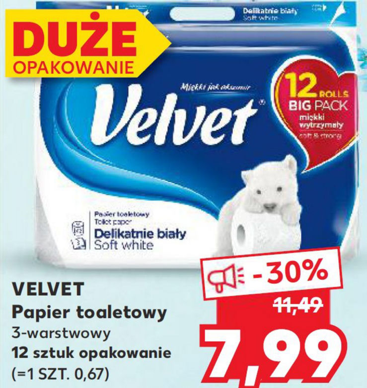 Papier toaletowy Velvet w bardzo niskiej cenie 7,99 zl/ 12 rolek.  Jedna rolka tego delikatnego papieru kosztuje tylko 67 groszy