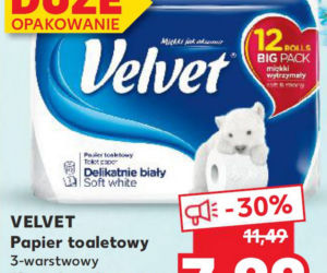 Papier toaletowy Velvet w bardzo niskiej cenie 7,99 zl/ 12 rolek.  Jedna rolka tego delikatnego papieru kosztuje tylko 67 groszy