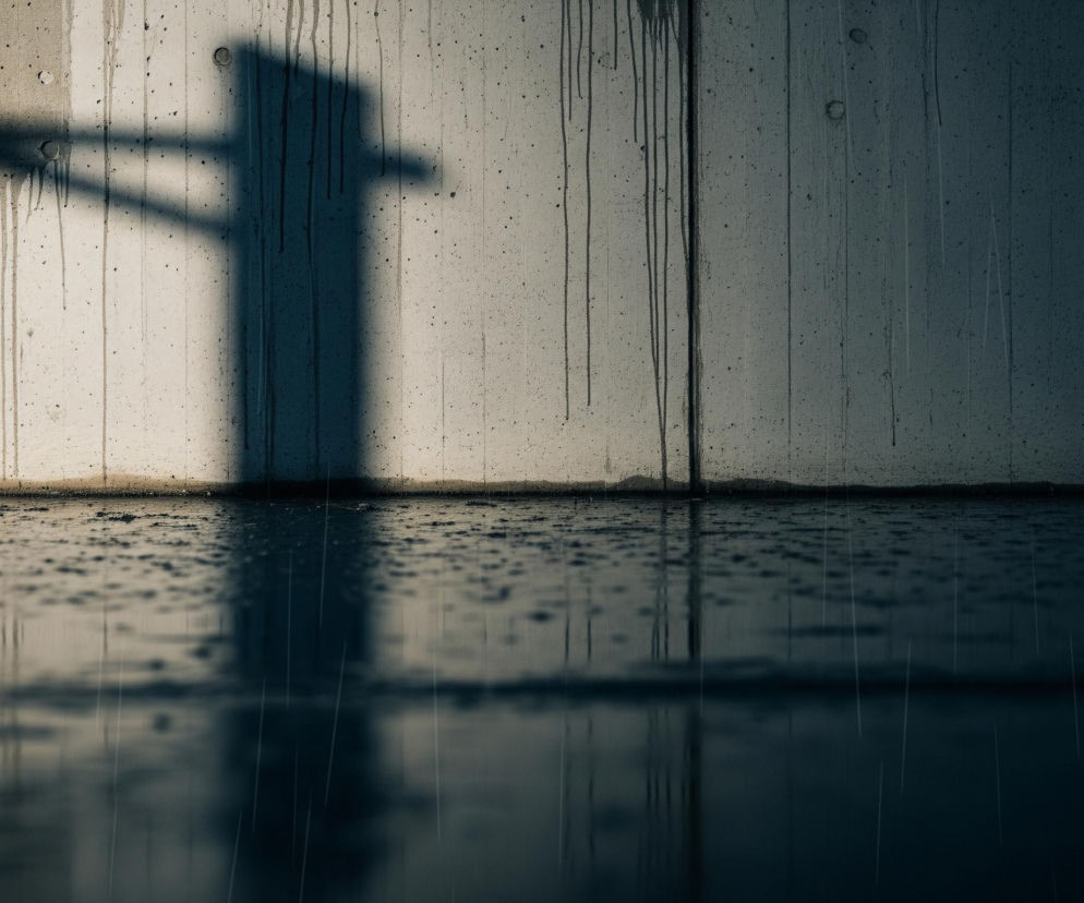 Na obrazie dominują odcienie szarości i błękitu. Ciemny cień w kształcie litery „T” rzuca się na jasnoszarą, betonową ścianę pokrytą pionowymi zaciekami i drobnymi, ciemnymi plamkami. Pod cieniem widoczne są dwie okrągłe wklęsłości w betonie. Powierzchnia pod ścianą jest wilgotna, odbijając otoczenie i tworząc efekt lustrzanego odbicia, a na niej widać liczne kropelki wody.