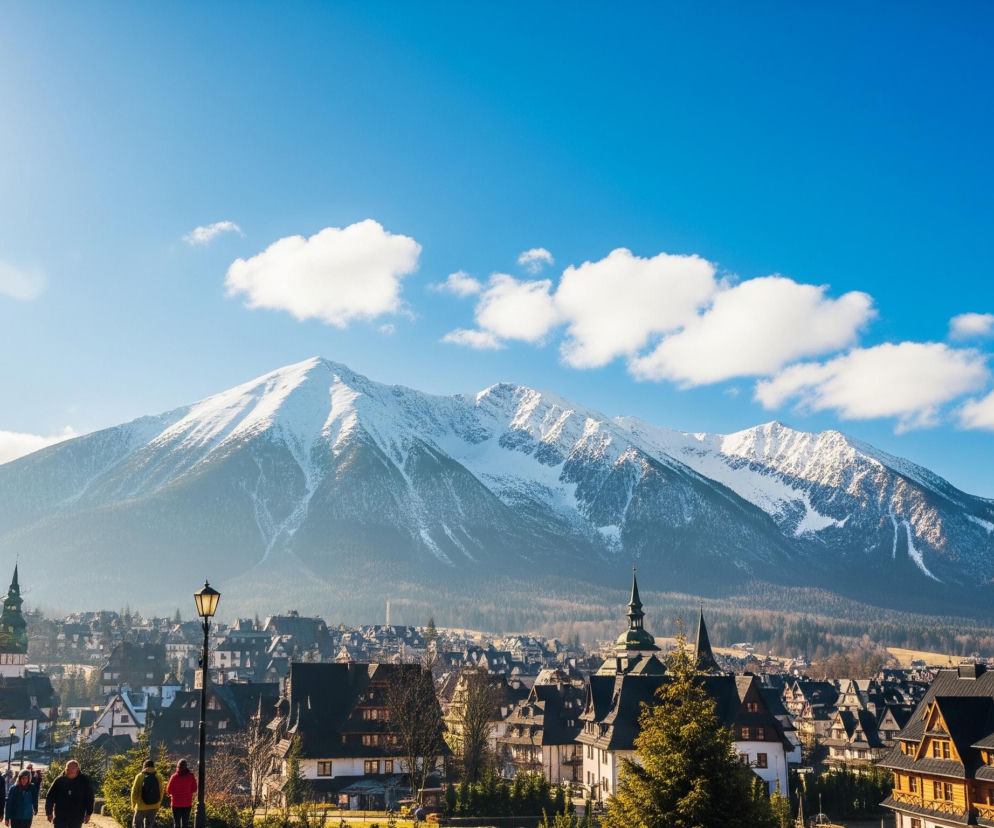 Górzysty krajobraz z rozległym miasteczkiem na pierwszym planie dominuje w kadrze. Ośnieżone szczyty górskie rysują się na horyzoncie pod błękitnym niebem, ozdobionym kilkoma białymi chmurami. Na dole znajduje się zabudowa miejska z licznymi budynkami o ciemnych dachach i jasnych elewacjach, w tym wyróżniające się obiekty z zielonymi iglicami. Przez teren miejski przechodzi brukowana ścieżka z latarniami i spacerującymi ludźmi.