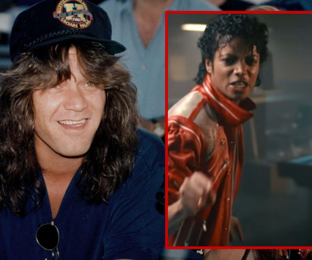 Uśmiechnięty Eddie Van Halen w czapce z daszkiem. Obok miniatura z Michaelem Jacksonem. O ich współpracy czytaj na EskaRock.