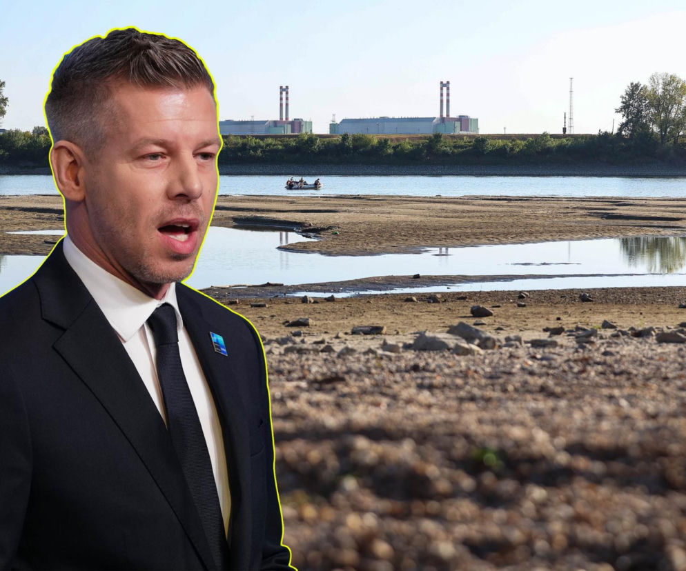 Premier Węgier Peter Magyar na tle wyschniętego koryta Dunaju i elektrowni w Paks. O kryzysie wodnym przeczytasz na Eska.