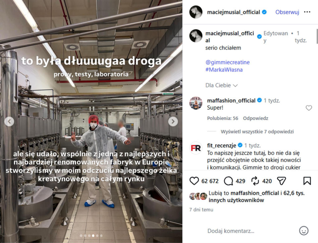 Maciej Musiał rusza z własną marką. Jego żelki z kreatyną trafiły do Biedronki