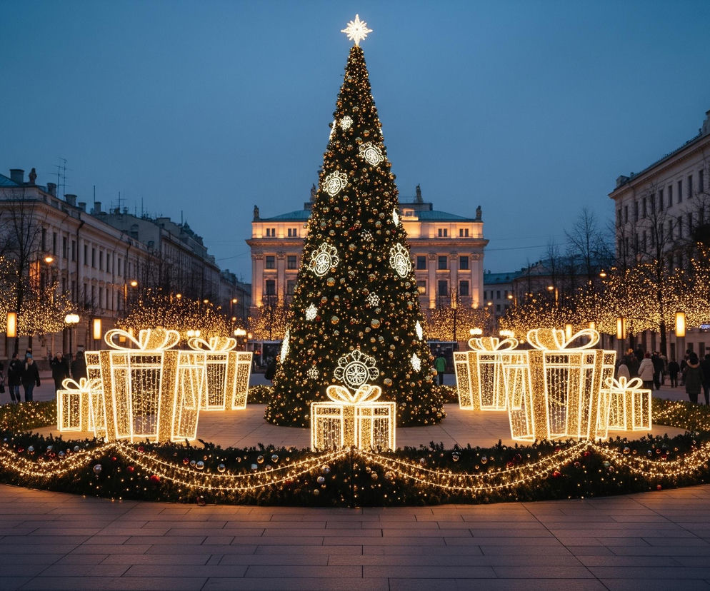 W centralnej części placu stoi wysoka choinka ozdobiona złotymi bombkami i białymi, ażurowymi ornamentami, zwieńczona jasną, białą gwiazdą. Wokół choinki, na niskiej, ciemnozielonej barierce, oplatają się złote światełka i kolorowe bombki, a za nią rozmieszczone są duże, podświetlane konstrukcje w kształcie prezentów z kokardami. Po obu stronach placu widać zabytkowe budynki oraz drzewa, których korony również są gęsto udekorowane migoczącymi, ciepłymi światełkami, tworząc świetlisty tunel. Na brukowanym placu poruszają się ludzie, niektórzy niosą torby, a cała scena skąpana jest w zimowym, zmierzchowym świetle.