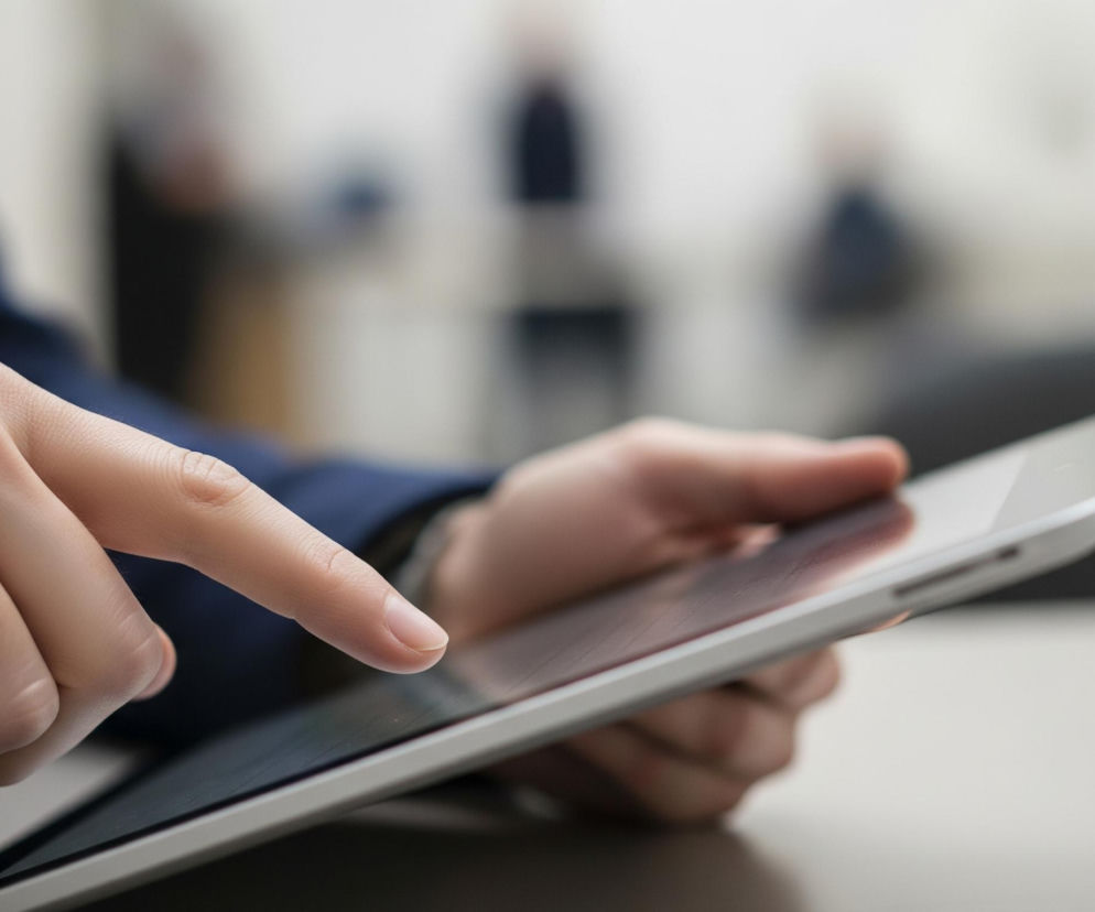 Prawa dłoń, ubrana w ciemnoniebieską marynarkę, trzyma poziomo biały tablet z czarnym ekranem. Palec wskazujący lewej dłoni dotyka ekranu tabletu, na którym widać odbicia światła. W tle, rozmyte i niewyraźne, zarysowują się sylwetki dwóch osób.