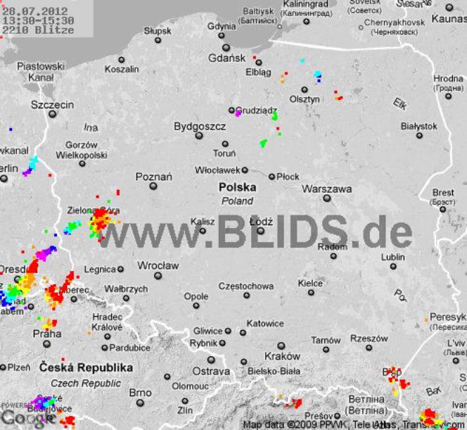 Burze w Polsce, 28.07.2012 - MAPA z godz. 13.30-15.30