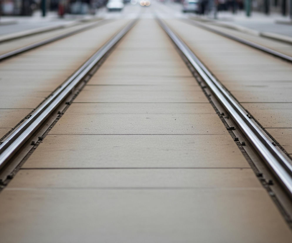 Dwie równoległe, srebrzyste szyny tramwajowe biegną prosto przez centrum obrazu, rozbiegając się nieznacznie w kierunku górnej części kadru, aż do punktu zbiegu w tle. Szyny są wtopione w szary, prostokątny pas betonowych lub brukowanych płyt, tworząc jednolity tor, który jest nieco brudny po bokach. W tle, poza ostrością, widać zamazane kształty budynków, drzew oraz świateł pojazdów i ulicznych lamp, wskazujących na miejskie otoczenie.
