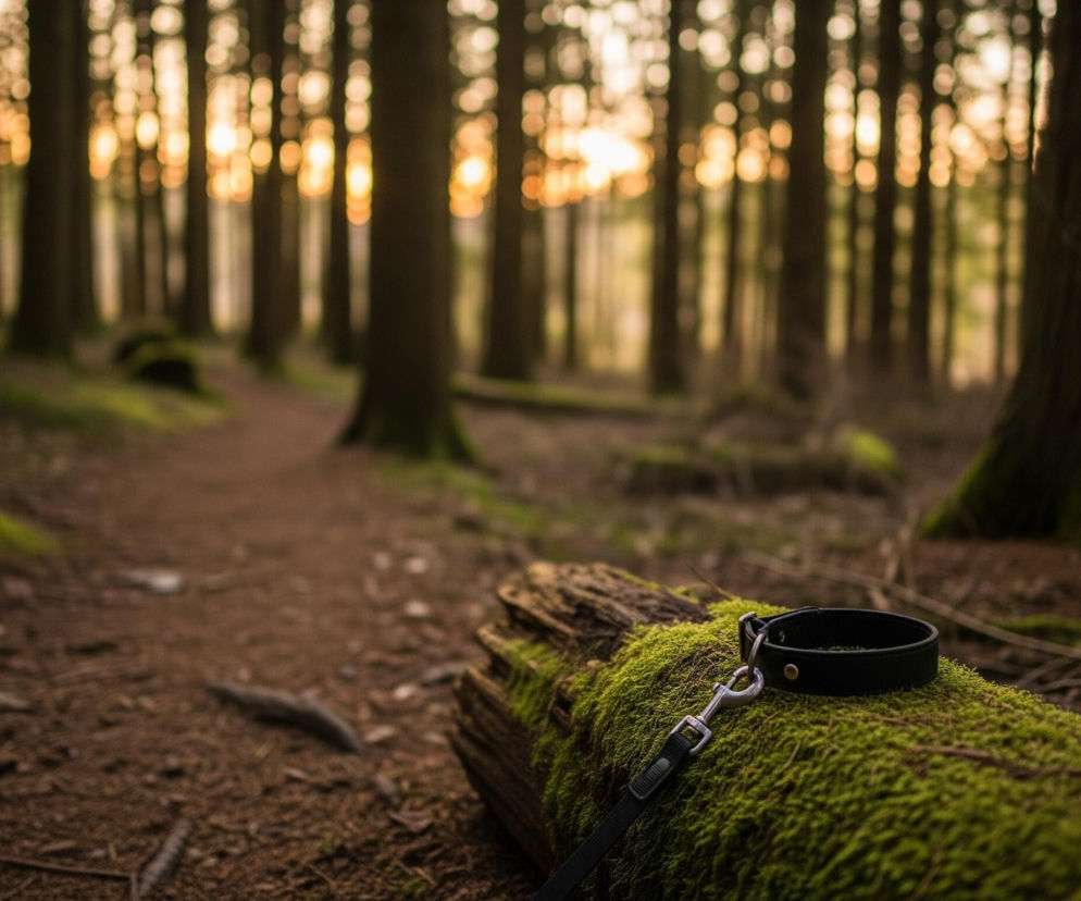 Na pierwszym planie, z prawej strony, leży czarna obroża dla psa z metalowym karabińczykiem i kawałkiem czarnej smyczy, spoczywając na porośniętej jaskrawozielonym mchem kłodzie drewna. Kłoda jest brązowa i widoczne są na niej fragmenty niepokryte mchem. Za nią rozciąga się leśna ścieżka o brązowo-czerwonawej barwie ziemi, otoczona trawą i mchem. W tle widoczny jest las iglasty z wysokimi, ciemnymi pniami drzew, a między nimi prześwitują rozmyte, jasnopomarańczowe i żółte plamy światła słonecznego, tworząc efekt bokeh.