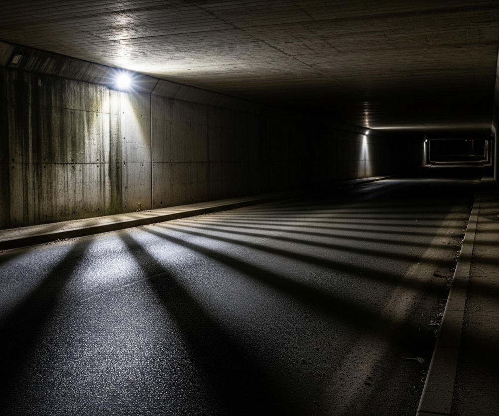 Wydłużony, betonowy tunel jest oświetlony od wewnątrz, ukazując fragmenty jego szarej, brudnej powierzchni oraz czarny, asfaltowy pas ruchu. Po lewej stronie, w połowie kadru, intensywne białe światło rozjaśnia ścianę i sufit, rzucając długie, równoległe cienie na nawierzchnię drogi. Dalej w tunelu widać szereg mniejszych świateł rozmieszczonych po obu stronach.
