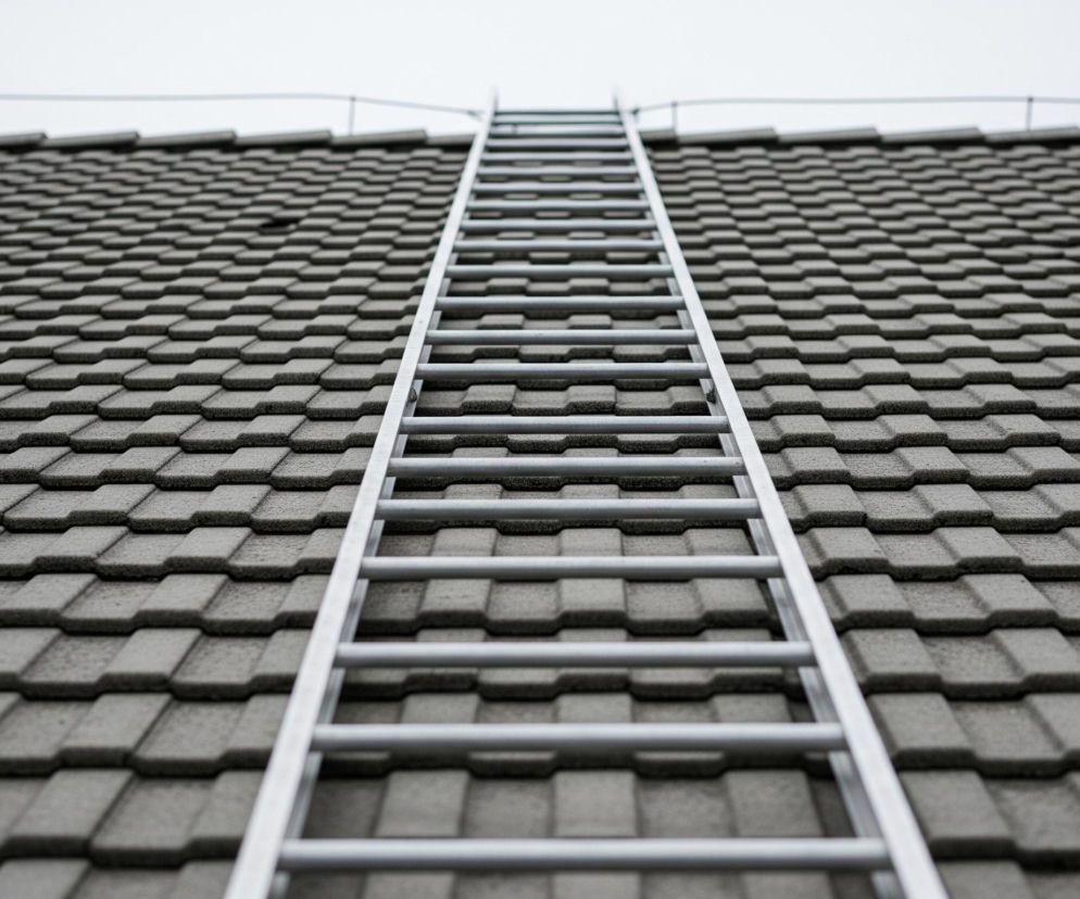 Srebrna, metalowa drabina leży centralnie na szarym dachu pokrytym dachówkami, biegnąc od dolnej krawędzi obrazu w górę. Dachówki mają ciemnoszary kolor i wyraźną, ziarnistą teksturę, układając się w regularne rzędy i kolumny o prostokątnym kształcie z lekko zaokrąglonymi krawędziami. Drabina składa się z dwóch podłużnych belek i licznych okrągłych szczebli, które równomiernie rozmieszczone tworzą prosty, symetryczny wzór. Powyżej dachu widoczne jest jasne, jednolite niebo, które tworzy kontrastowe tło.